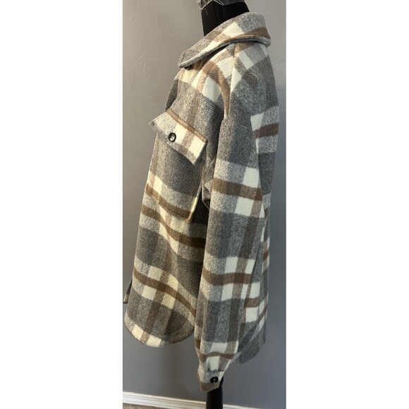 Fore Gray White Brown Plaid Button Up Wool Blend Flannel Shacket Woman's Size XS - Picture 2 of 8